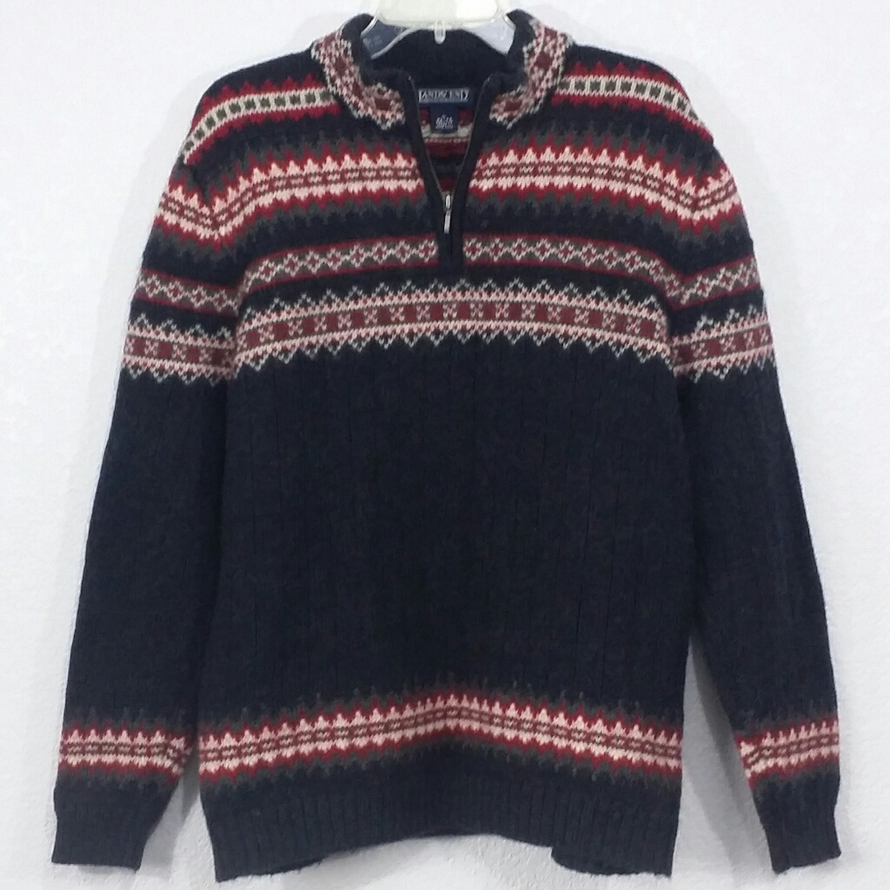 Land's End L 42-44 100% Wool 1/4 Zip Sweater Mens